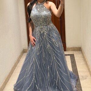 Sparkling Silver and Blue Beaded Evening Dress